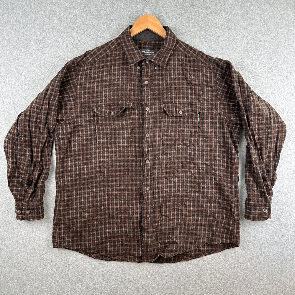 Woolrich Button Down Shirt Men XL Brown Bark Plaid Wool Blend Flannel Outdoor